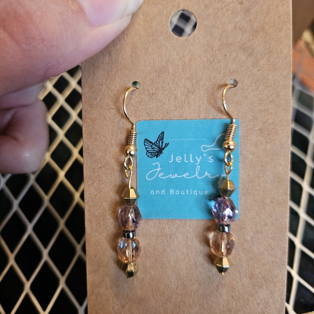 Jelly's Jewelry and Boutique Handcrafted Gold and Purple Beaded Dangle Earring